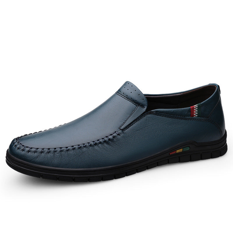 2025 Autumn Men's Slip-On Business Loafers Toe Layer Cowhide Soft Leather Plaid Work Black Leather Shoes