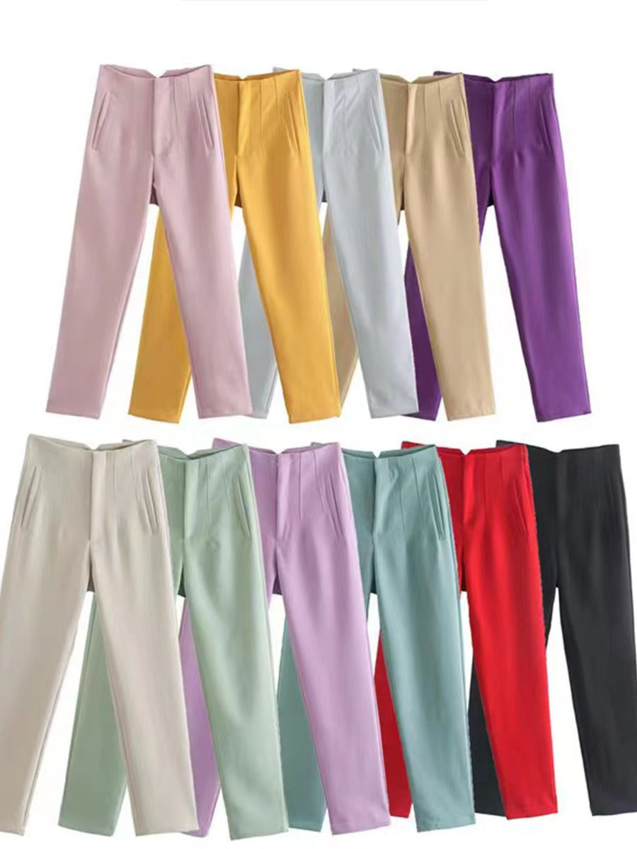 Women's Trousers European and American Amazon Cross-Border New Slim Fit Solid Color Pleated Micro-Elastic Formal Straight Pants Casual Pants