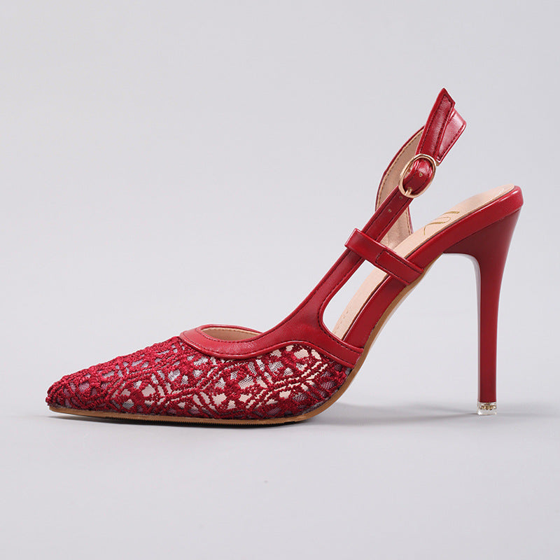 Lace Splicing High Heels Women's Summer Pointed Toe Banquet Party Wedding Stiletto Sandals Cross-Border Exclusive Ultra-High Heels