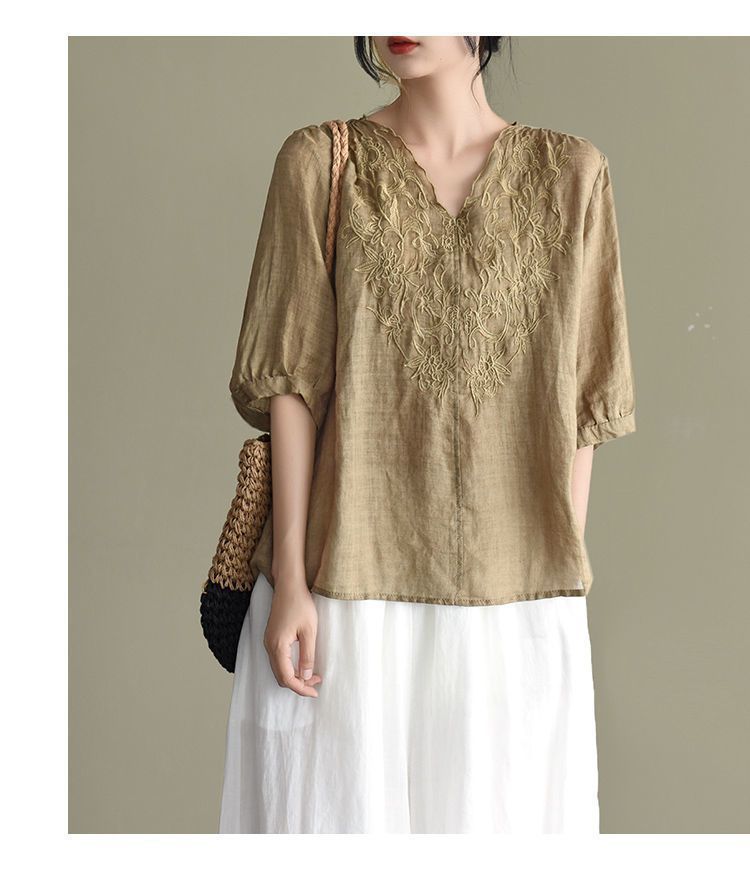 Shirt Summer New Style Retro Literary Thin Embroidered Short-Sleeved Cotton and Linen Tops for Women Ethnic Style V-Neck Pure Cotton T-Shirts for Women