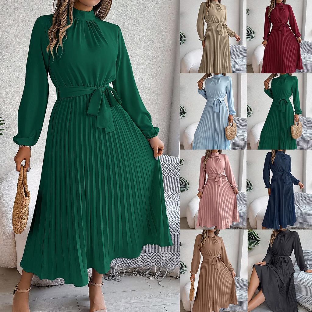 2026 European and American Spring/Summer Elegant Stand Collar Long Sleeve Waist-Cinched Pleated Long Dress Mini Dress Amazon Cross-Border Women's Clothing