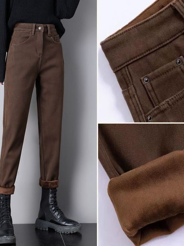 2025 Spring and Autumn New Solid Color Jeans Women's Pants High Waist Slimming Stretch Brown Harem Daddy Pants