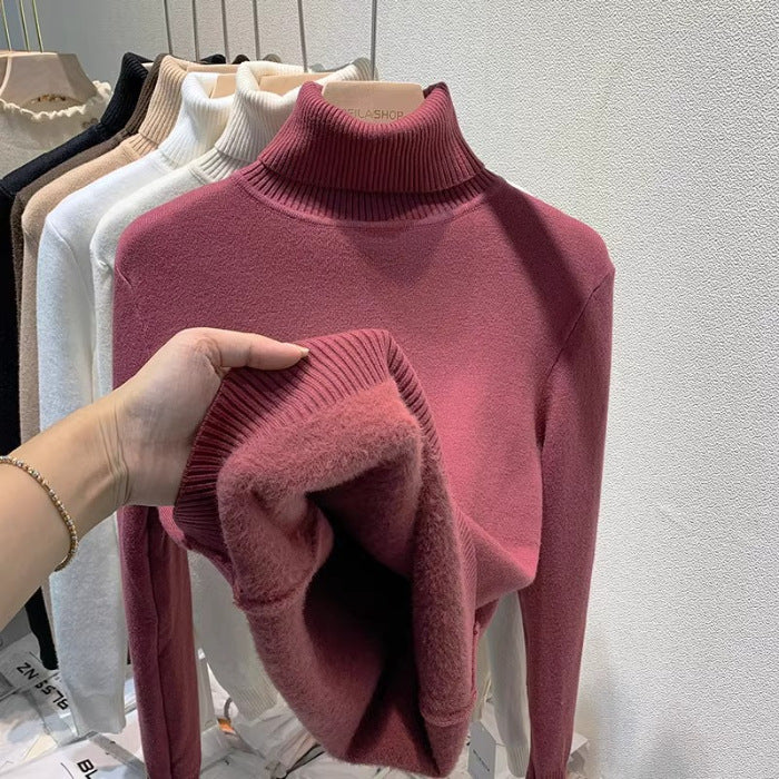Thickened Fleece-Lined Thermal Sweater for Women, Autumn and Winter Ribbed High-Neck Long-Sleeve Knit Base Shirt