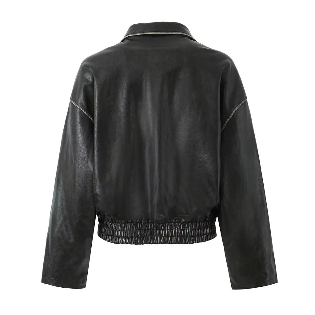 American heavy industry distressed leather jacket for women 2023 autumn and winter New retro loose brushed PU leather jacket for hot girls