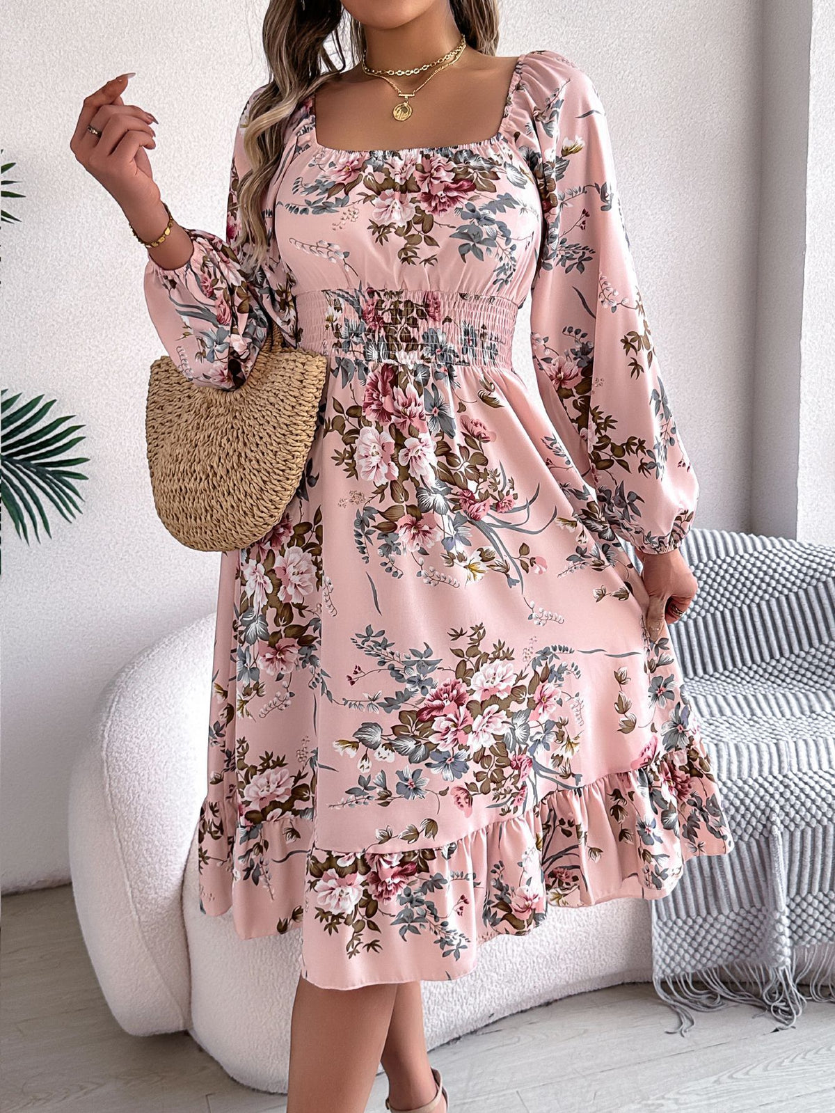 Real shot spring and summer European and American elegant flower square collar long sleeve waist ruffled A- line skirt independent station cross-border women's clothing
