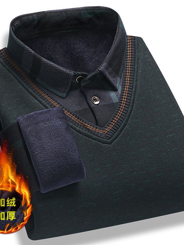 Autumn and Winter middle-aged and elderly fake two-piece sweater men's dad wear fleece-lined thickened slim shirt collar warm sweater