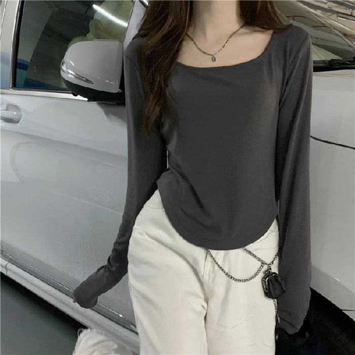Round Neck Long-Sleeved T-Shirt for Women, New Spring and Autumn Style, Irregular Hem, Slim Fit, Student Casual Versatile Short-Sleeved Top