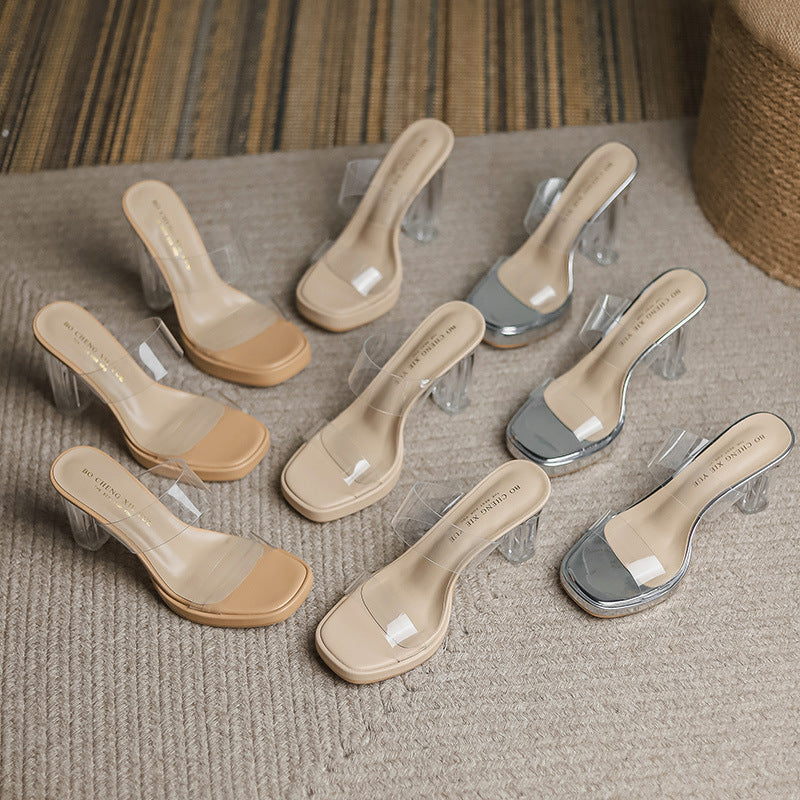 Real sheepskin transparent high heel girls shoes 2025 new waterproof platform with crystal heel thick heel sandals