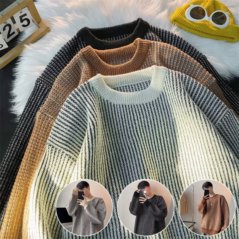 Autumn and Winter New Small Striped Sweater Men's Couple Casual Knitted Sweater Personalized All-match Fashion Contrast Color Base Shirt Jacket