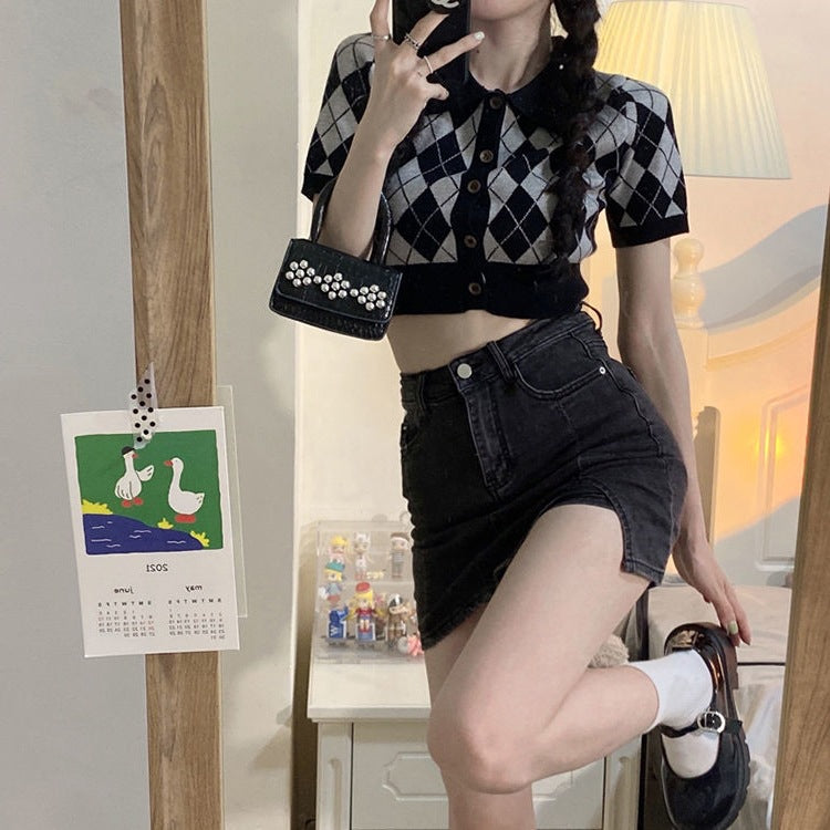 American Hot Girl Summer New Korean Style Slimming Look A-Line Skirt Trendy Anti-Exposure Slit Black Denim Skirt for Women