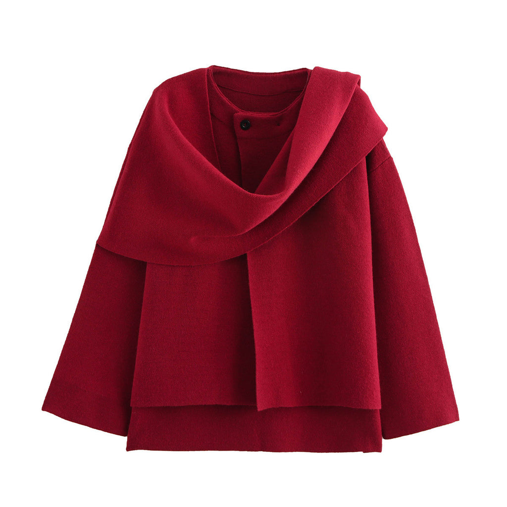 2024 New Winter Women's Clothing European and American Style Fashionable Asymmetrical Scarf Short Knitted Outwear Jacket