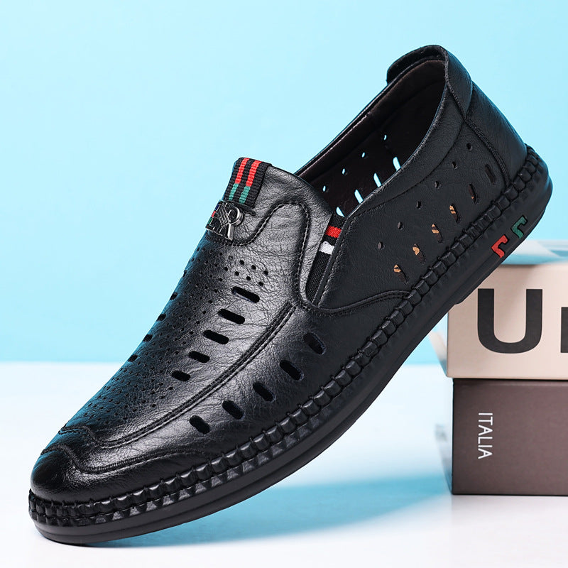 2026 New Men's Sandals Soft Leather Business Perforated Men's Shoes Soft Sole Hole-In-The-Wall Dad Leather Shoes White