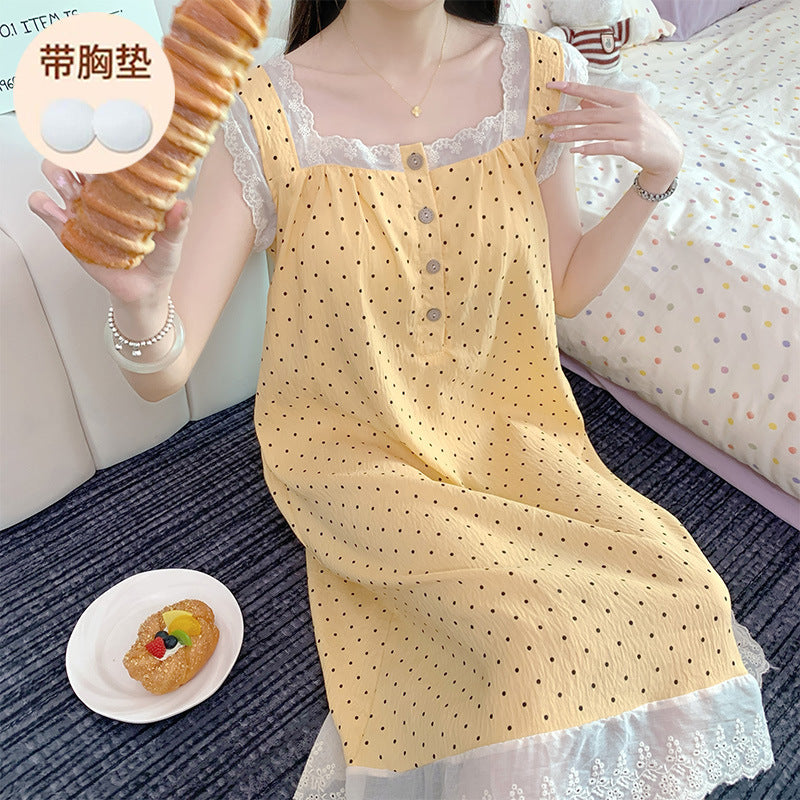 Nightgown Women's Summer Polka Dot 2025 New Style with Breast Pad Cloud Cotton Vest Lace Sweet Pajamas Summer Home Wear