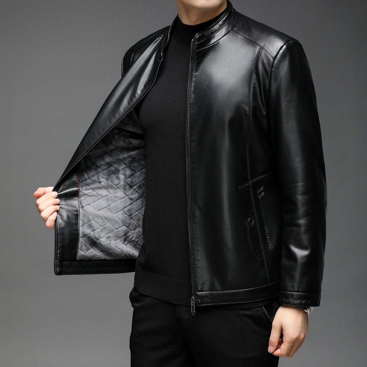 Men's Leather Jacket, Autumn and Winter, Middle-Aged Business Style, Stand-Up Collar, Fleece-Lined, Casual Men's Leather Coat, Mid-Length