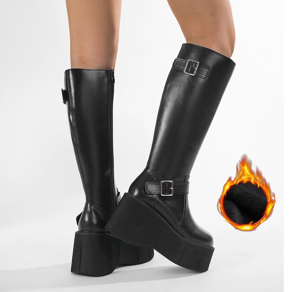 Wedge-Heeled Thick-Soled Knee-High Boots for Women with Belt Buckle Design, Long Boots for Petite Women, Height-Increasing Long Boots, Fleece-Lined Warm Riding Boots