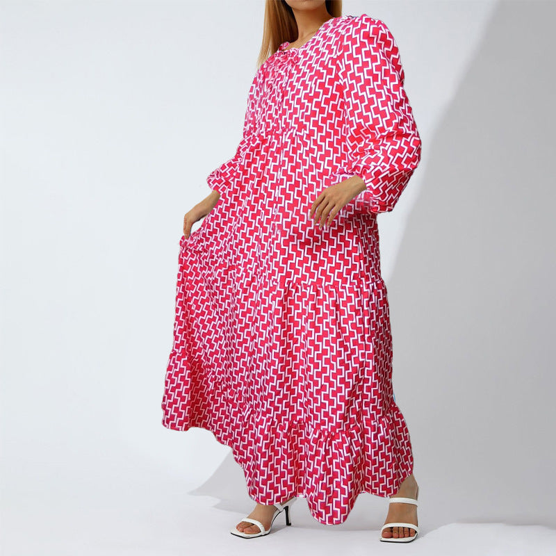 European and American Plus-Size Women's Loose-Fitting Bohemian Round-Neck Lantern-Sleeve Sweet Girl Dress Wholesale from Source Factory
