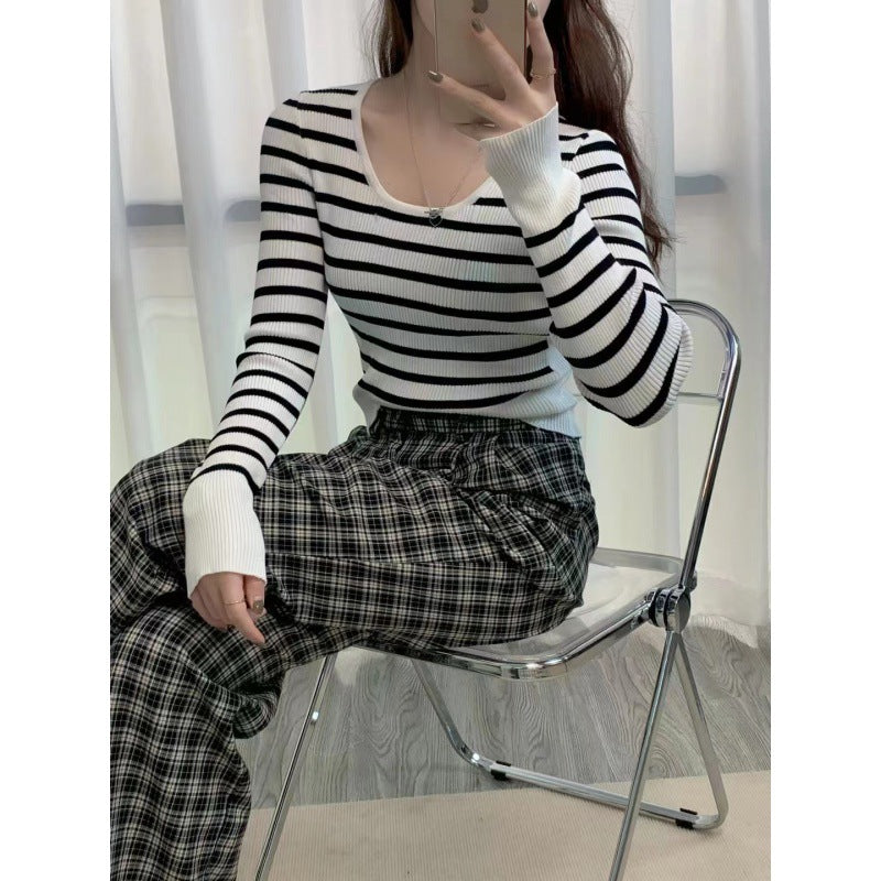 American Style Retro Fashionable Small Waist Sweater Elegant U-Neck Striped Long-Sleeved Slim-Fit Bottoming Sweater for Women
