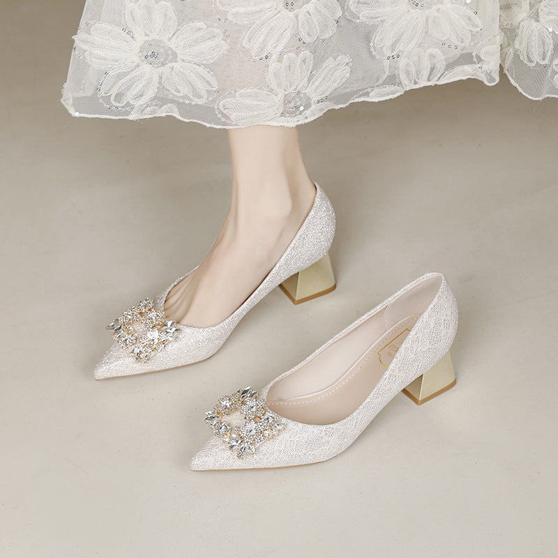 High Heels Women's Chunky Heel 2025 Spring and Summer New Pointed Mid-Heel Shoes Fashionable Breathable Water Diamond Buckle Wedding Shoes plus size