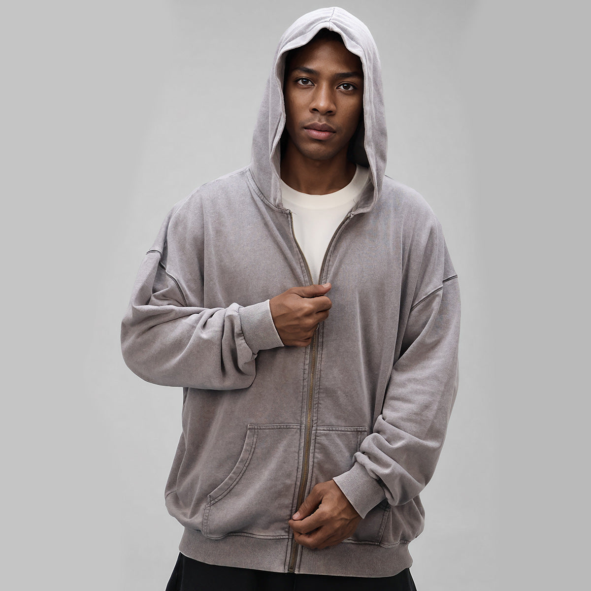 350g Distressed Zipper Hoodie for Men, Oversized Drop Shoulder Vintage Washed Heavy Terry Cardigan Jacket, Heavyweight Men's Clothing