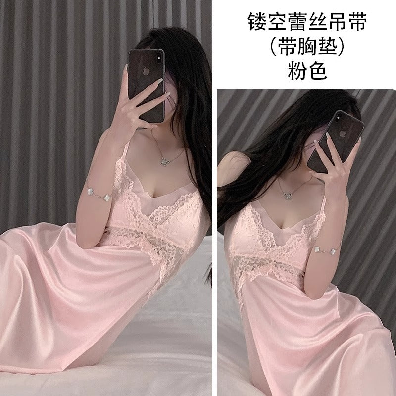 Sexy Pajamas for Women Pure Lust Style 2025 Spring and Summer New Mesh Lace with Breast Pad Suspender Nightgown Nightgown Set