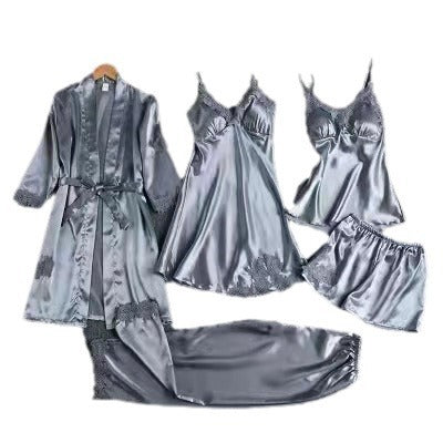 Pajamas Women's Summer Ice Silk Sexy Hot Adult Spring and Autumn Long Sleeve Thin Women's Nightgown Five-piece Suit