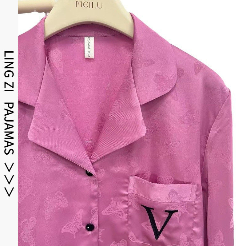 2025 New Ice Silk Pajamas Women's Long Sleeve Lapel Bow Jacquard High-end Simple Home Clothes suit