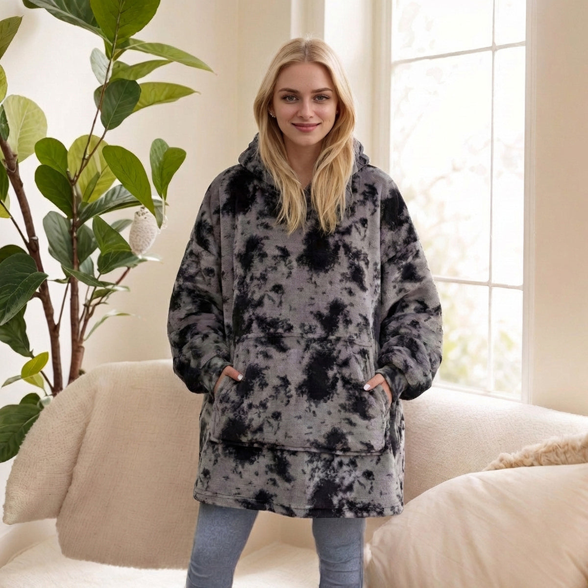 2021 Winter Fleece-Lined Thickened Navy Blue and Dark Gray Zip-Up Lazy Blanket Long-Sleeve Casual Flannel Hoodie