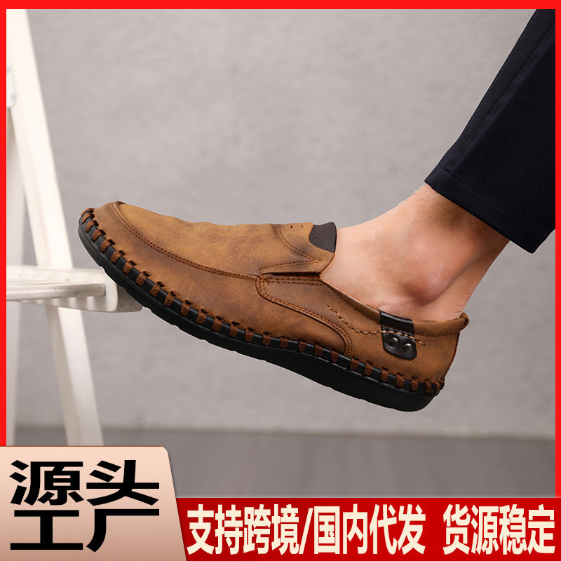 48 Large Size Low-Top Loafers for Men, Genuine Leather Hand-Stitched Slip-On Moccasins, Rubber Non-Slip Work Shoes