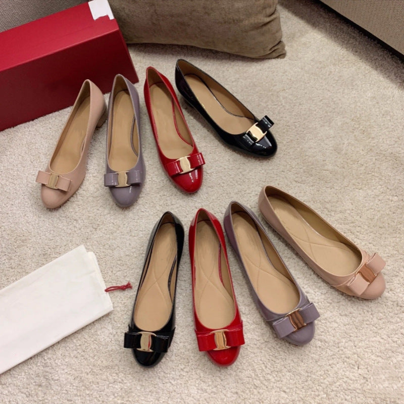 High Version Spring New Style Small Red Shoes Round Toe Comfortable Bow Shoes Thick Heel Flat Patent Leather French Women's Wedding Shoes