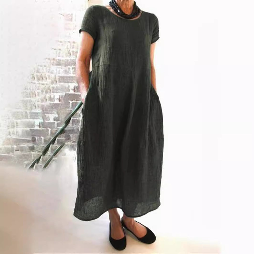 cross-border European and American dress new Chinese style loose solid color large size cotton and linen dress