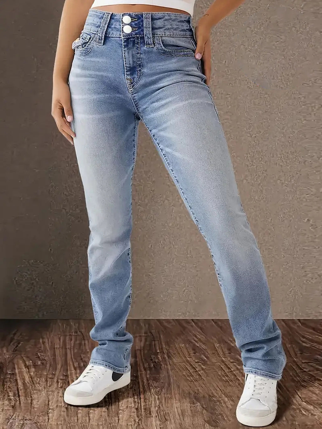 Women's Jeans, Retro Elastic Slimming Look Pants, Fashionable and Versatile Double-Button Design, Dark Blue Denim Trousers