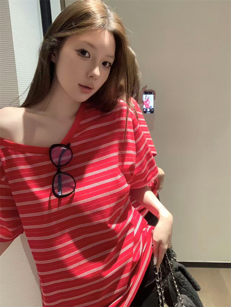 American Style Contrast Striped Off-Shoulder Short-Sleeve T-Shirt for Women, Summer New Ins Loose Slimming Versatile Pullover Top