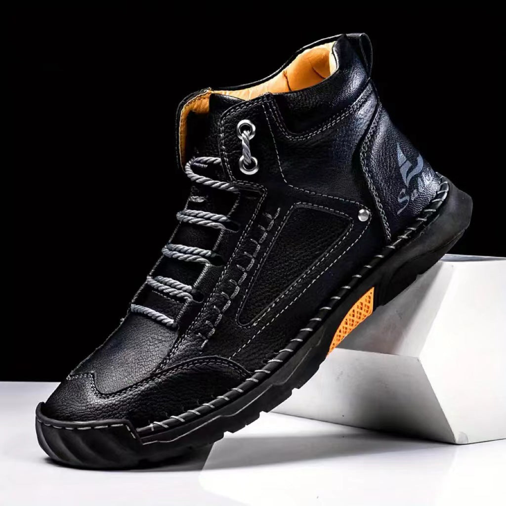 Cross-Border Plus-Size Men's Pu Leather Boots, Men's Fashion Handmade Stitched Ankle Boots, Flat Lace-Up Casual Shoes