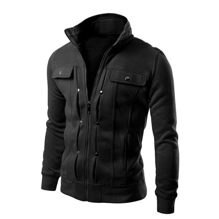 Cross-border in stock foreign trade new stand collar sweater zipper cardigan men's coat slim short brushed sweater jacket