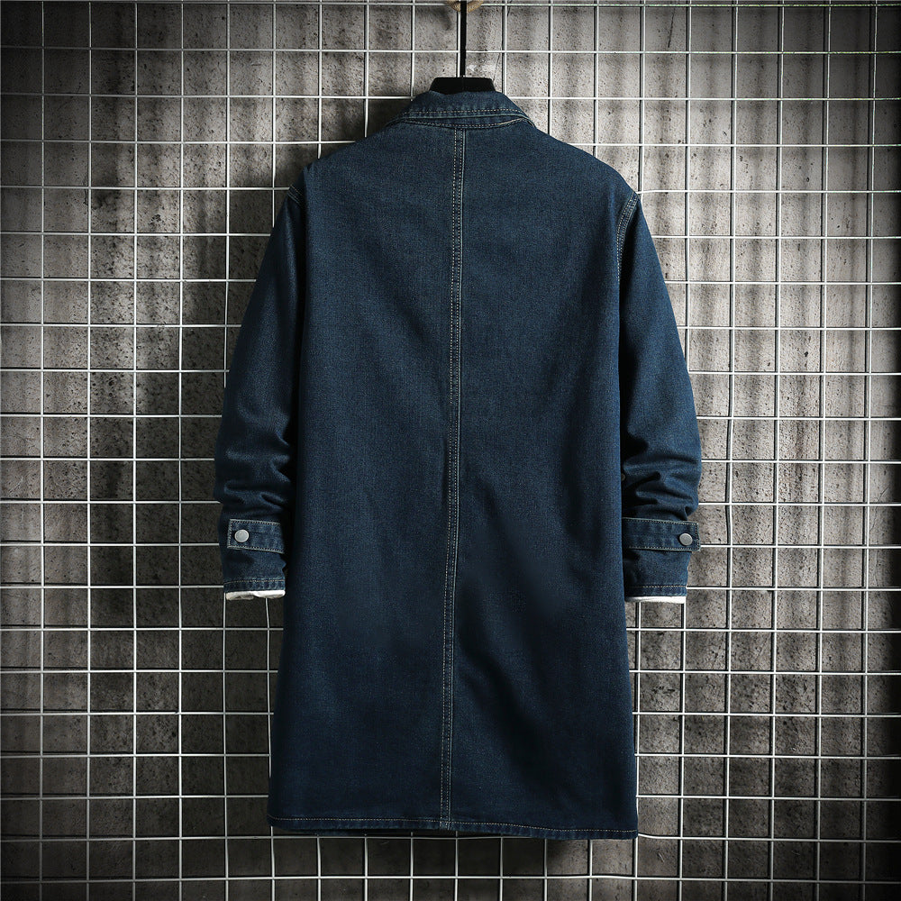 Men's Denim Trench Coat, Mid-Length, Autumn and Winter, Japanese Style, Trendy Brand, Plus Size, Vintage, Loose, Casual, Lapel Jacket
