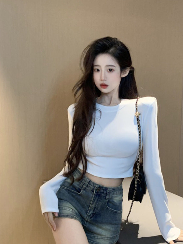 Trendy Spicy Girl Backless Long-Sleeve T-Shirt with Hollow Design for Women, Autumn Inner Wear Crop Top