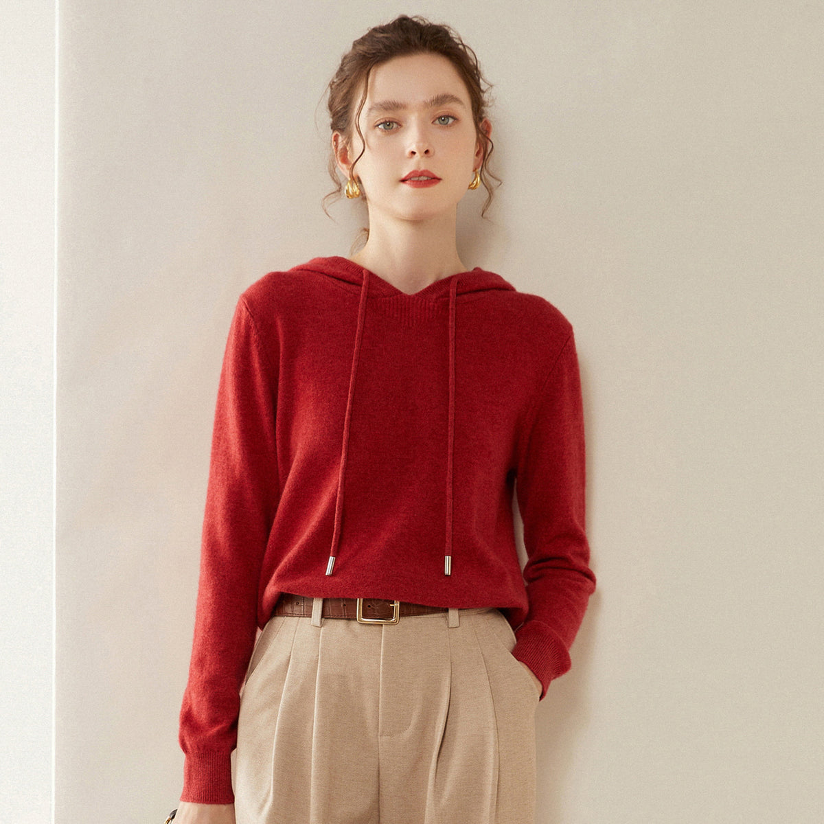 Light Luxury Solid Color 100% Pure Cashmere Hoodie for Women, Versatile for Commuting, Loose Knit Base Hoodie, Loose Fit