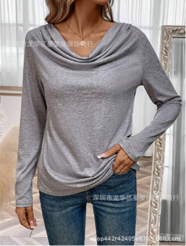 2023 New Women's Long-Sleeved Tops, Solid Color Draped Collar T-Shirts, Loose, Casual, Stylish, Versatile
