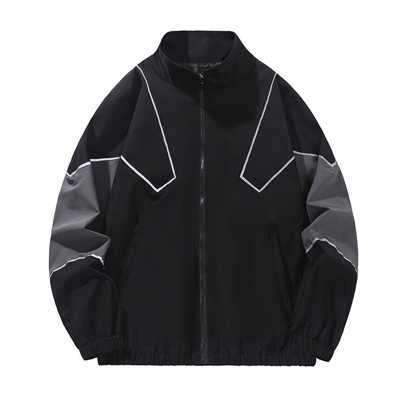 Trendy Brand Reflective Patchwork Stand-Up Collar Jacket Spring and Autumn Loose Sports Casual Jacket for Men