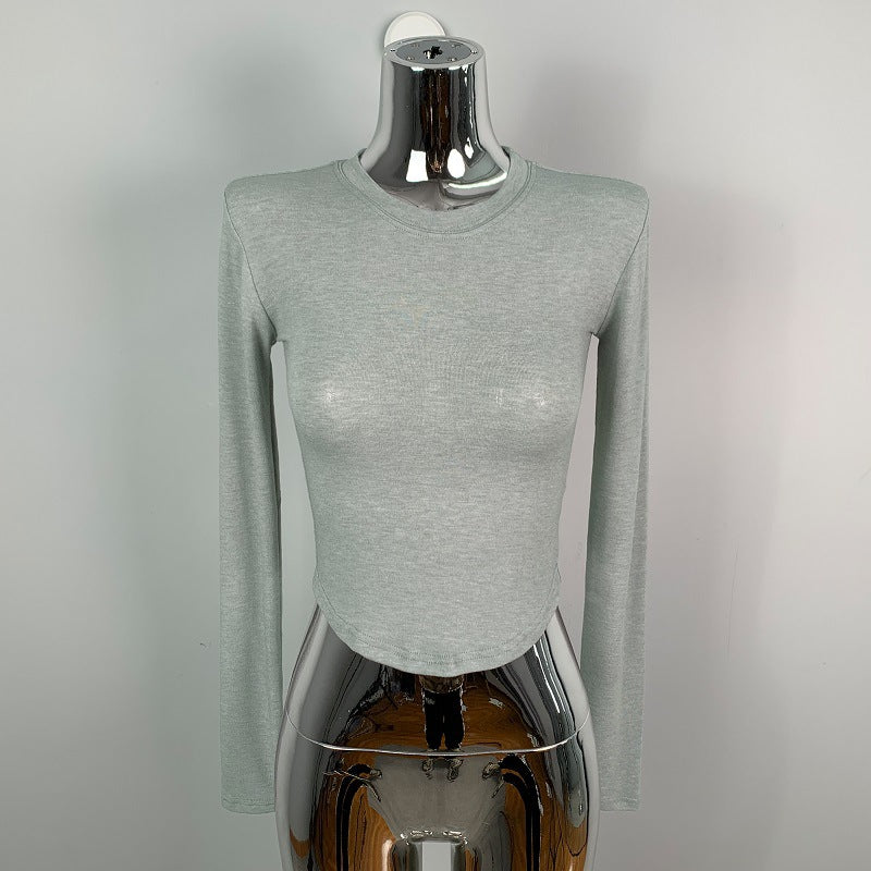 South Korea Dongdaemun round neck sexy hot girl waist tight solid color slimming short all-match long sleeve T-shirt top for women