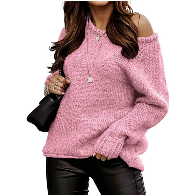 Cross-Border Amazon Autumn and Winter Off-Shoulder Sexy Round Neck Pullover Sweater Solid Color Casual Loose Large Size Sweater for Women