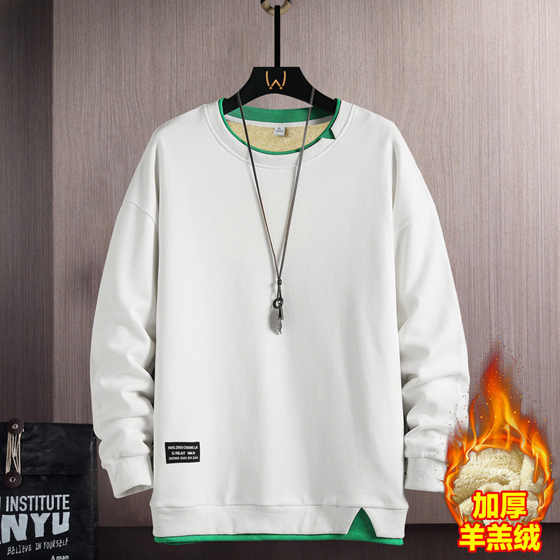 Fake Two-piece Stitching Heavy Round Neck Sweaters Men's Autumn and Winter Fashionable Ins All-match Long-sleeved T-shirt Top Men