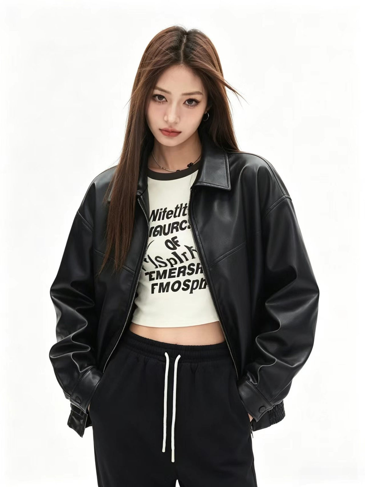 Foreign Trade Wholesale Autumn and Winter New Women's Clothing High-End Style Lapel Long-Sleeved Zipper Faux Leather Casual Jacket
