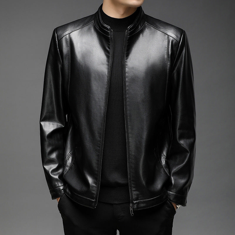 Men's Leather Jacket, Autumn and Winter, Middle-Aged Business Style, Stand-Up Collar, Fleece-Lined, Casual Men's Leather Coat, Mid-Length