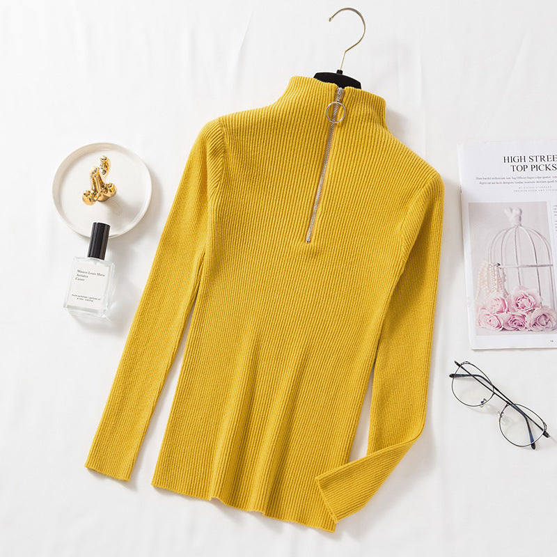 Spring sweater women's semi-high collar ring zipper slim outer wear long sleeve middle collar base sweater sweater top wholesale