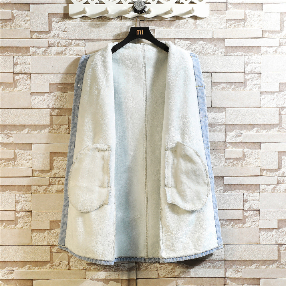 Men's Denim Trench Coat, Mid-Length, Autumn and Winter, Japanese Style, Trendy Brand, Plus Size, Vintage, Loose Fit, Fleece-Lined, Turn-Down Collar Jacket