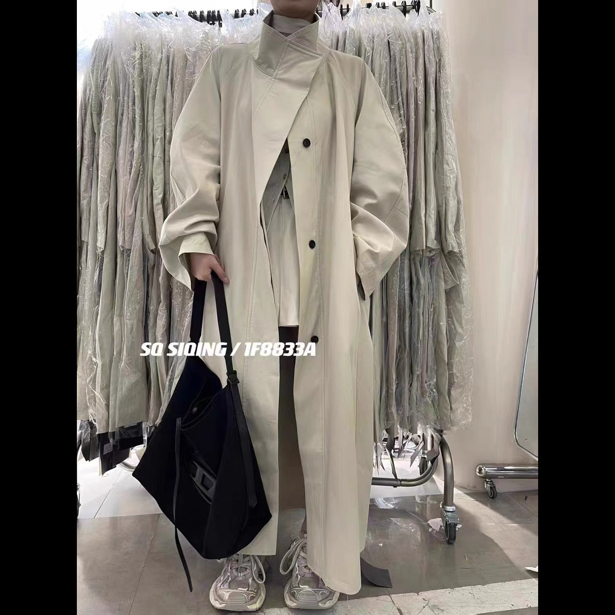 2026 Autumn High-End Stylish Minimalist Chic Lazy Style Solid Color Long Stand Collar Trench Coat for Women