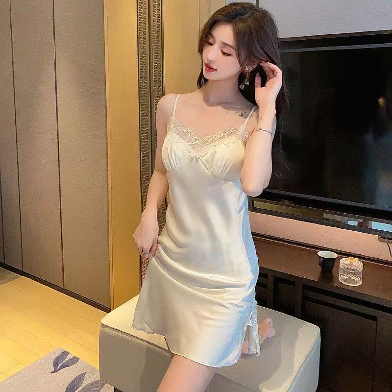 Sexy Pajamas Women's Summer Suspender Nightdress Pure Desire Style Backless Ice Silk 2023 New Slit Lace Pajamas