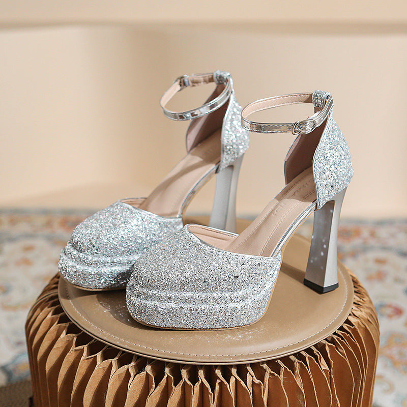 2025 New Super High Heel Waterproof Platform Sequin Sandals girls Ankle Strap Thick Heel Thick Sole Catwalk Performance Shoes Wedding Shoes
