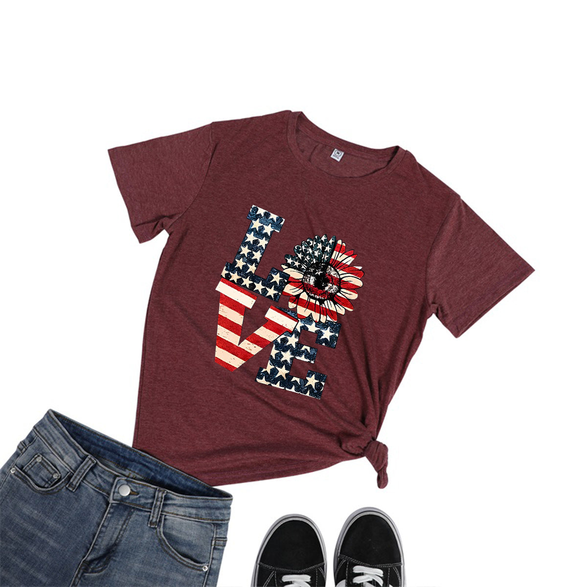 Round Neck American Independence Day T-Shirt Women Love American Flag Printed Top Colored Cotton T-Shirt
